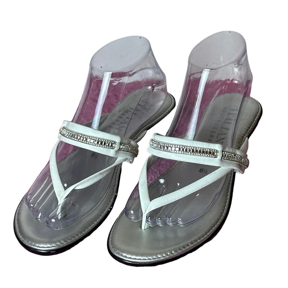 Italian‎ sandals Low Heel thong Flip Flops Crystals Sparkly Silver White 8.5